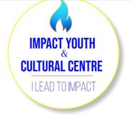Circular logo for Impact Youth & Cultural Centre with a blue flame and the words I LEAD TO IMPACT