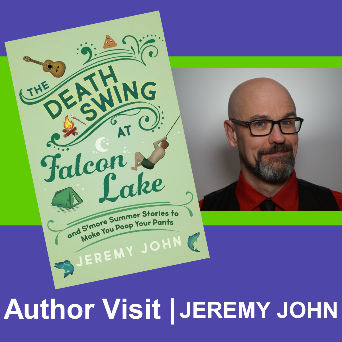 Book cover of The Death Swing at Falcon Lake and photo of Jeremy John. Text reads: Author visit: Jeremy John.