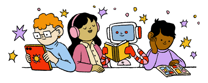 Picture of 3 children and a robot, sitting in a row, reading and listening to books.