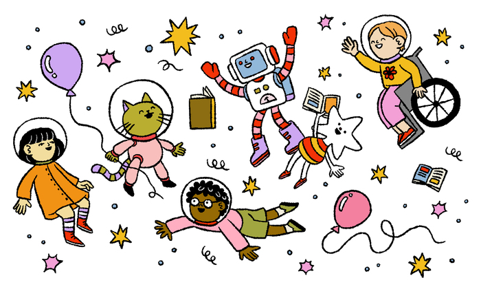 A cat, 3 children, a robot, and a star-headed person float in a galaxy of stars.