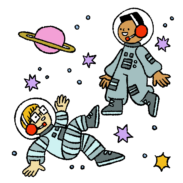 2 child astronauts float among the stars