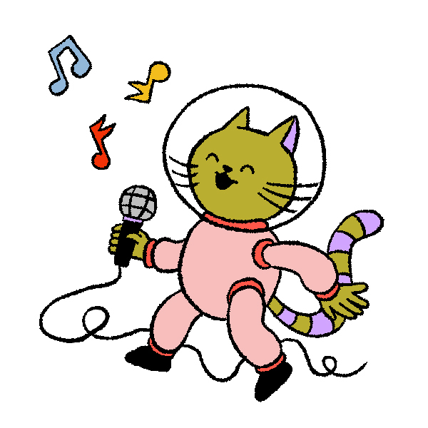 A cat wearing a space suit, sings into a microphone.