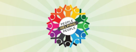 An illustration showing a circle composed of 12 stick figures in bright colours, with their arms raised. Text reads PEOPLE HELPING PEOPLE.
