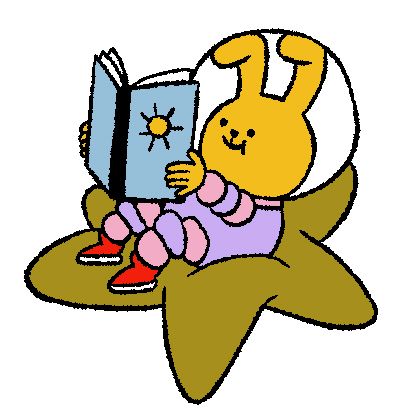 A bunny wearing a space helmet lies on a star, reading a book.