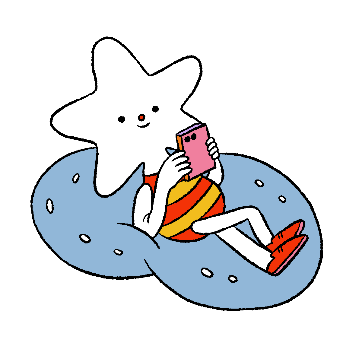 A star headed person lies on an inflatable raft, reading a book.