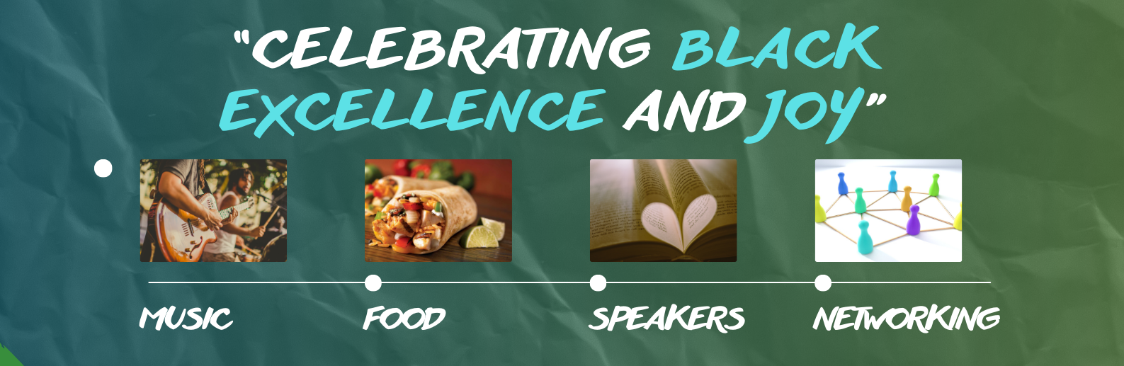 Test on green background reads "Celebrating Black excellence and joy" Labelled images of Music, Food, Speakers, Networking.