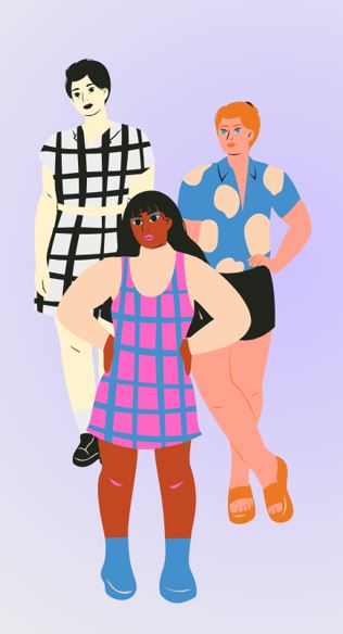 Drawing of three people in brightly coloured clothes