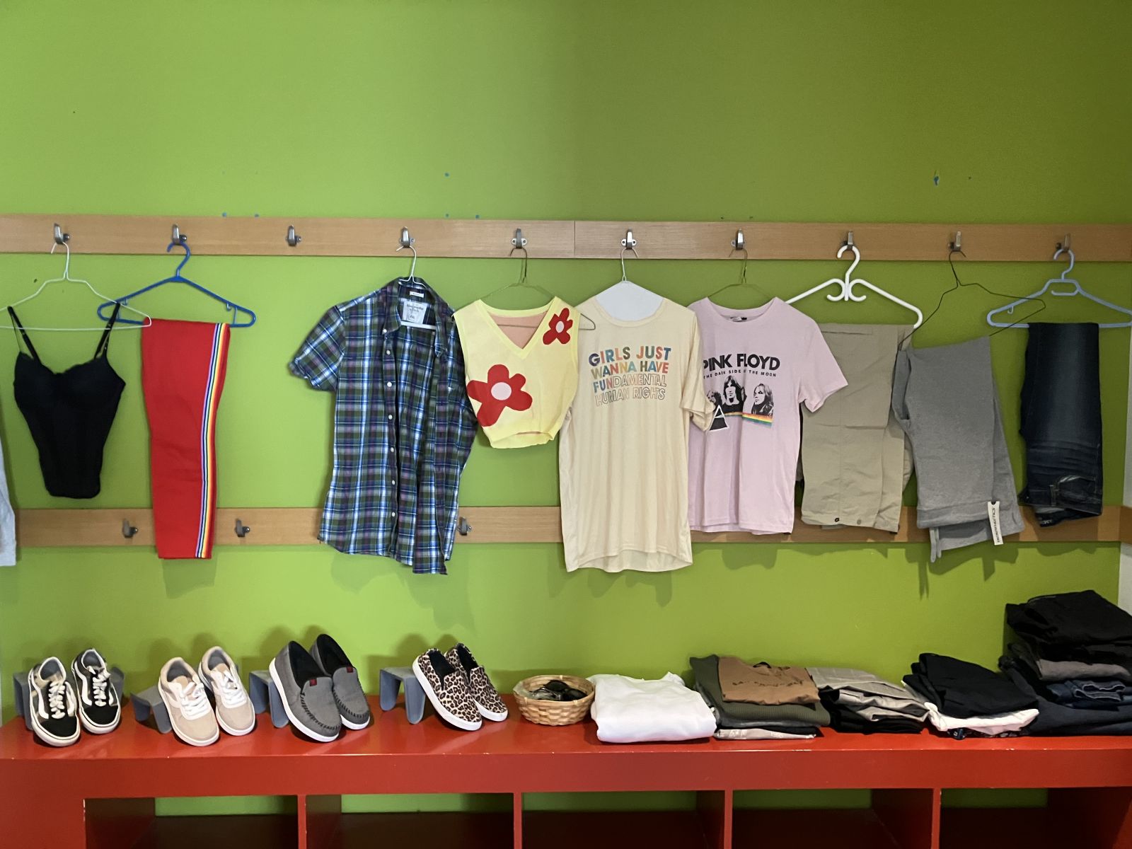 Photo of an assortment of clothing on display in The Alcove at the BWG Library