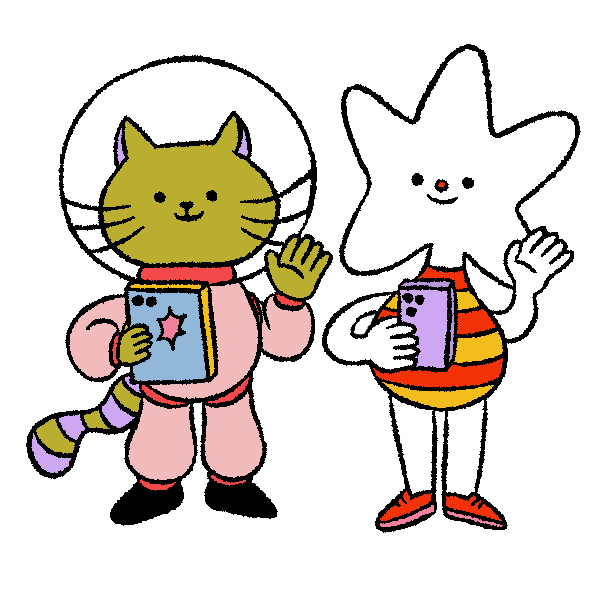 A cat wearing a space suit, and a figure with a star head each hold a book and wave at the viewer.