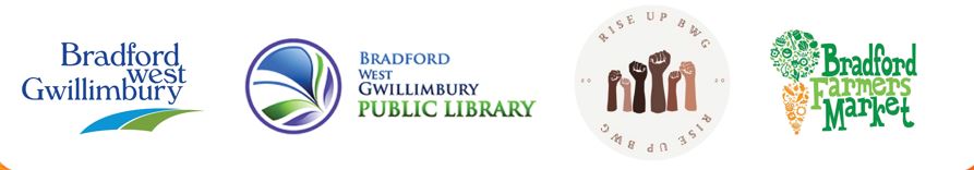 Logos for the Town of Bradford West Gwillimbury, the Bradford West Gwillimbury Public Library, Rise Up BWG, and the Bradford Farmers Market