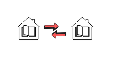 2 library icons with arrows 