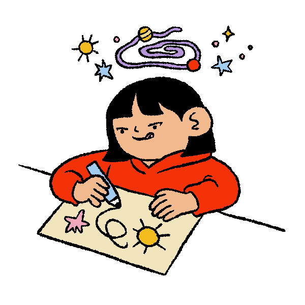 A child with dark hair drawing a picture of space, while stars and planets float above their head.