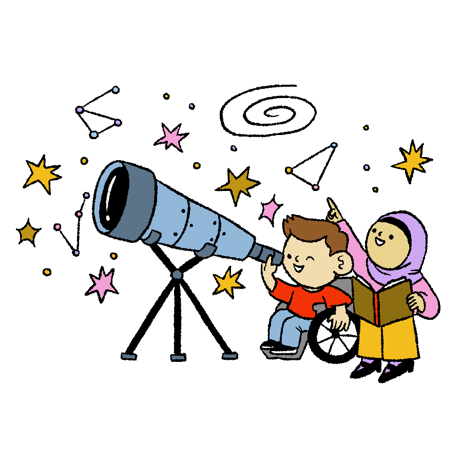 Two children look through a large telescope