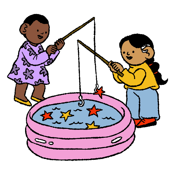 2 children are fishing for stars in an inflatable pool.