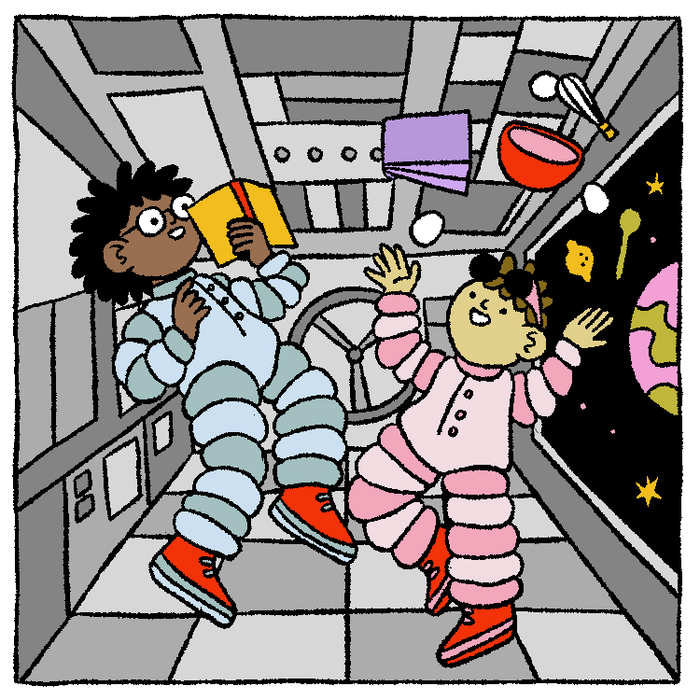 2 children in space suits float inside a space ship.
