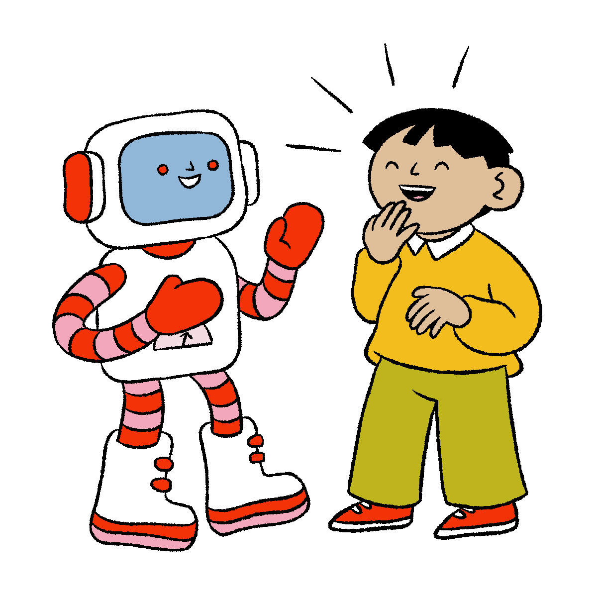 A robot and a child laugh together.