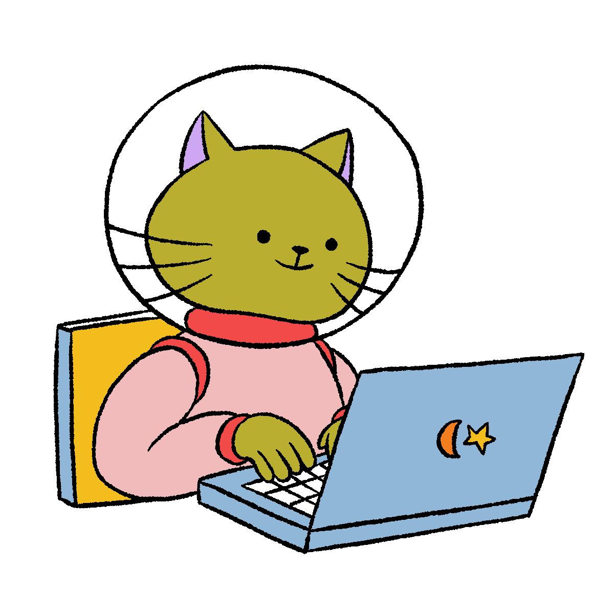 A cat in a space helmet types on a laptop