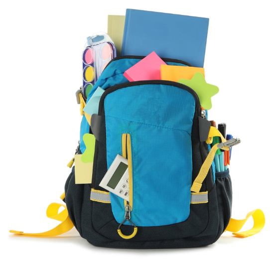 A blue backpack full of school supplies.