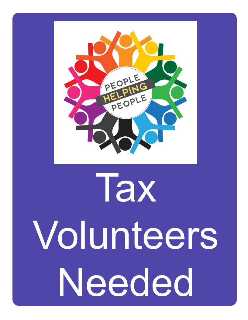 The Community Volunteer Income Tax logo, with the words People Helping People on it. Additional text reads: Tax Volunteers Wanted