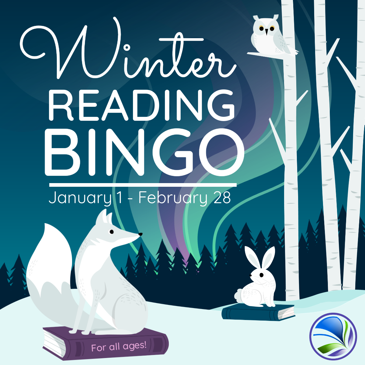 Text reads: Winter Reading BINGO. January 1 - February 28. For all ages!