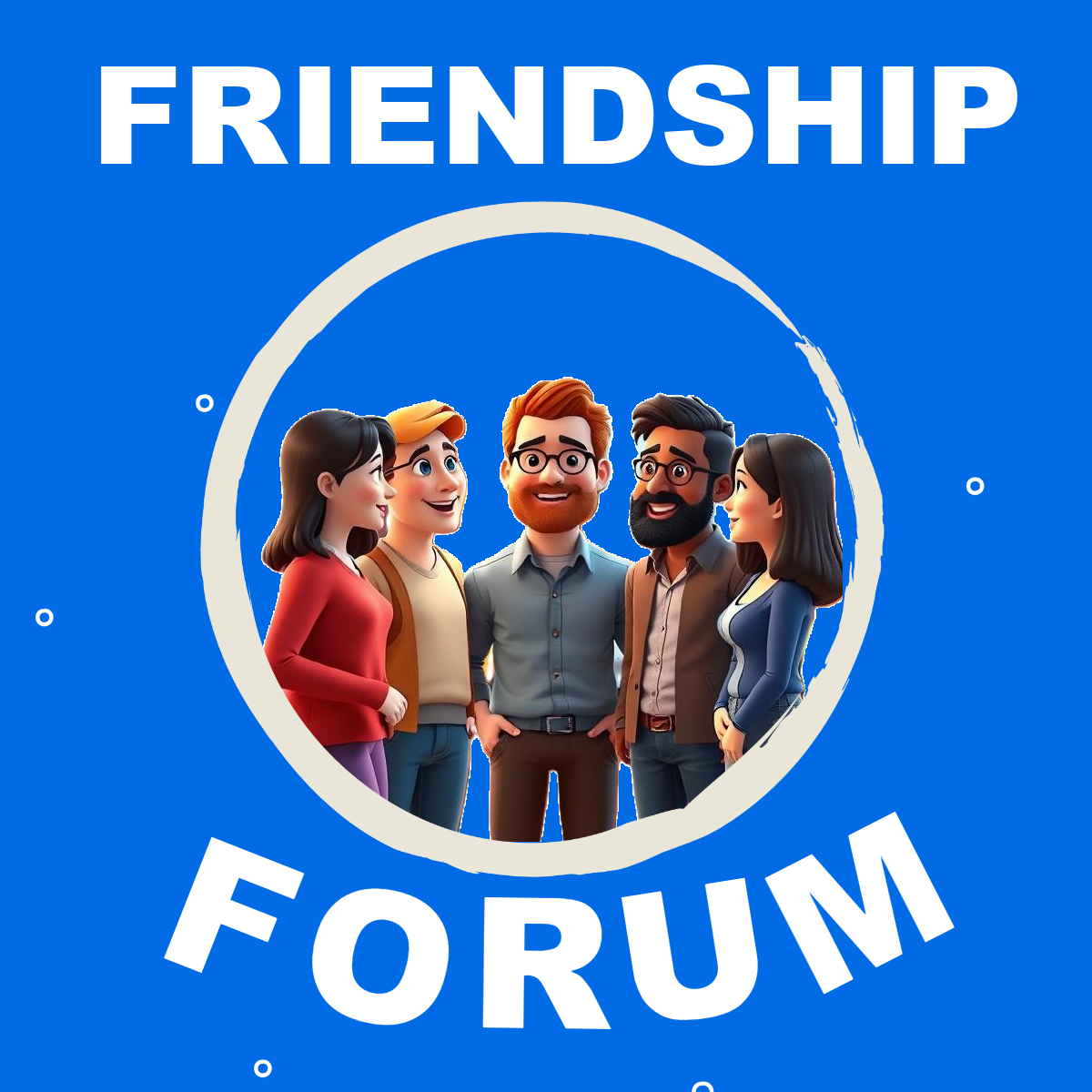 Image of 5 smiling adults. Text reads: Friendship Forum.