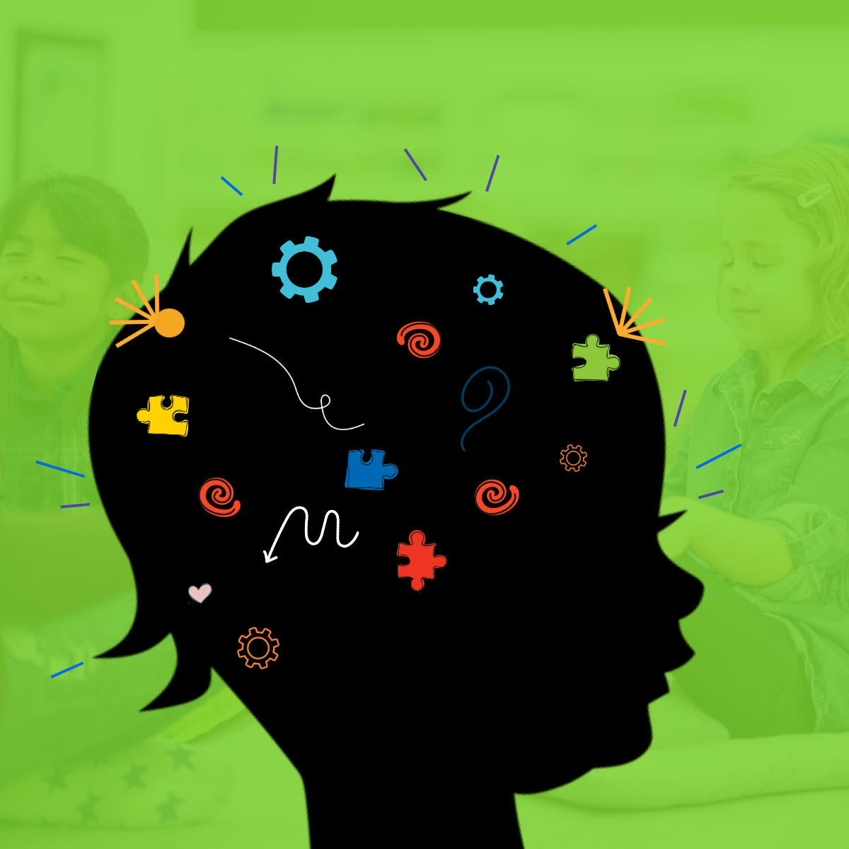 Image of a child's head, in profile, with colourful, small icons of thoughts.