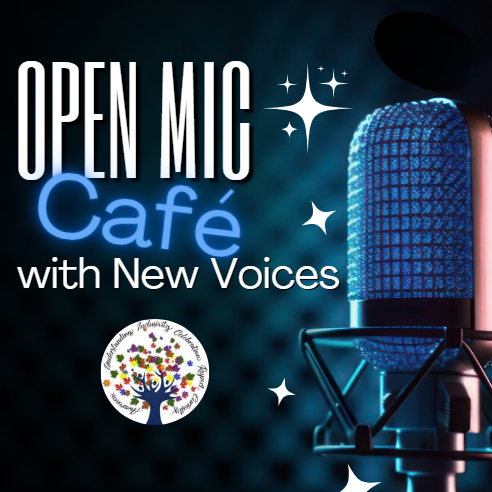 Image of a sparkling microphone and the text reads: Open Mic Café with New Voices