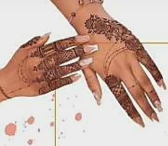 A photo of an overhead view of a pair of hands, elaborately decorated with henna.