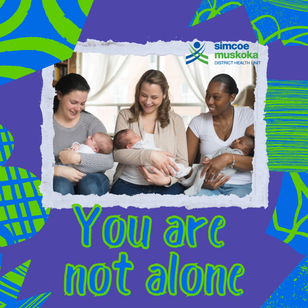 Group of women with babies. Text reads: You are not alone.