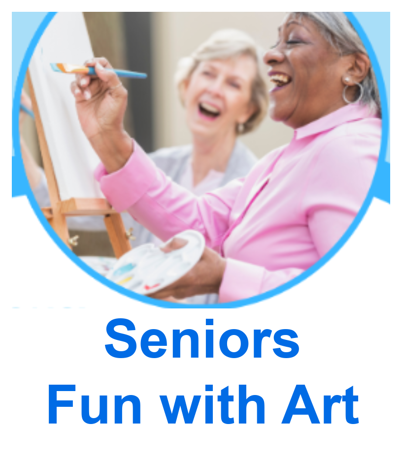 Two laughing senior women paint at easels.