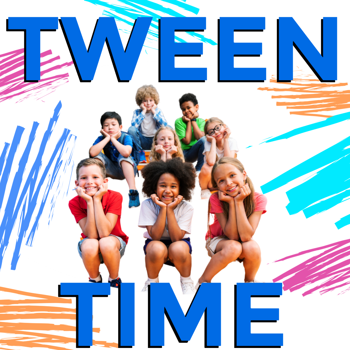 Text reads Tween Time. Image of 8 children sitting down and smiling at the camera.