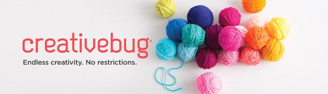 Creativebug logo: balls of colourful yarn. Creativebug slogan: Endless creativity. No restrictions.